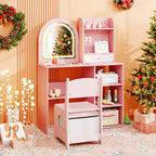 Costway Juego de tocador para niñas Princesas con espejo LED de 3 colores Rosa