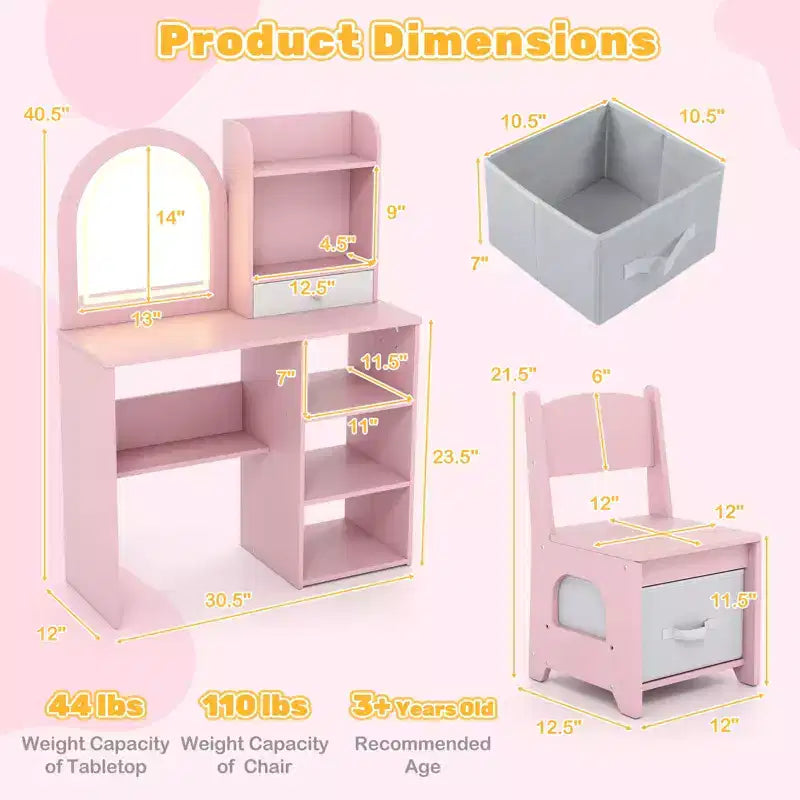 Costway Juego de tocador para niñas Princesas con espejo LED de 3 colores Rosa
