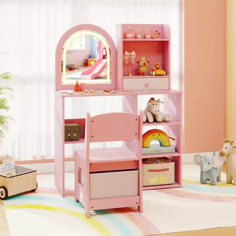 Costway Juego de tocador para niñas Princesas con espejo LED de 3 colores Rosa