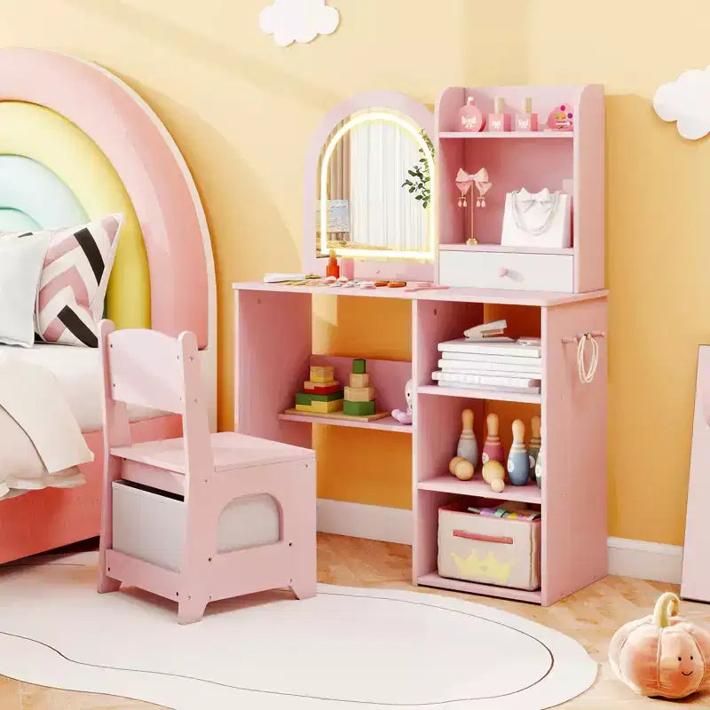 Costway Juego de tocador para niñas Princesas con espejo LED de 3 colores Rosa