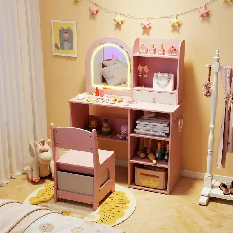 Costway Juego de tocador para niñas Princesas con espejo LED de 3 colores Rosa