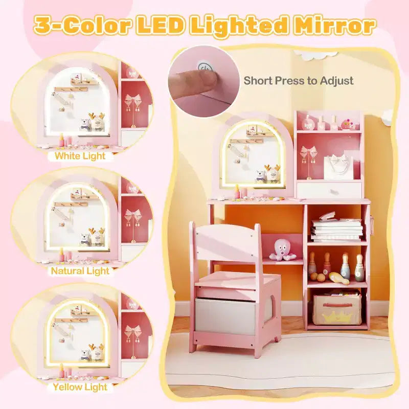 Costway Juego de tocador para niñas Princesas con espejo LED de 3 colores Rosa