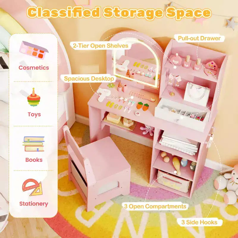Costway Juego de tocador para niñas Princesas con espejo LED de 3 colores Rosa
