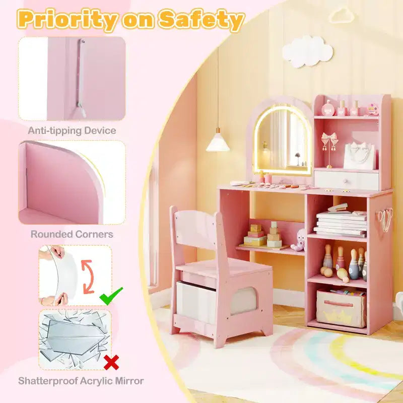 Costway Juego de tocador para niñas Princesas con espejo LED de 3 colores Rosa