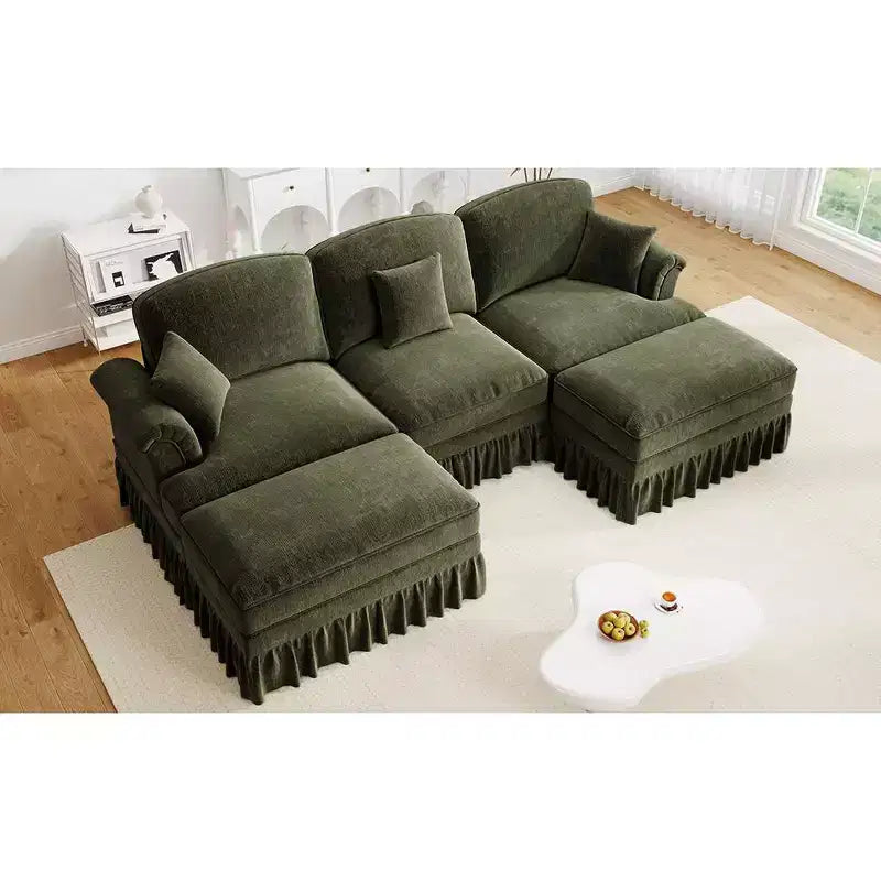 Sofá MooxvMoo de chenilla de 107 pulgadas, estilo moderno de mediados de siglo, con forma de U, con dobladillo con volantes desmontable, sofás seccionales con cojines decorativos y 2 otomanas, verde