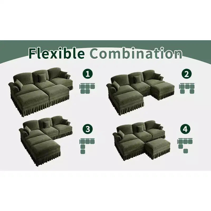 Sofá MooxvMoo de chenilla de 107 pulgadas, estilo moderno de mediados de siglo, con forma de U, con dobladillo con volantes desmontable, sofás seccionales con cojines decorativos y 2 otomanas, verde