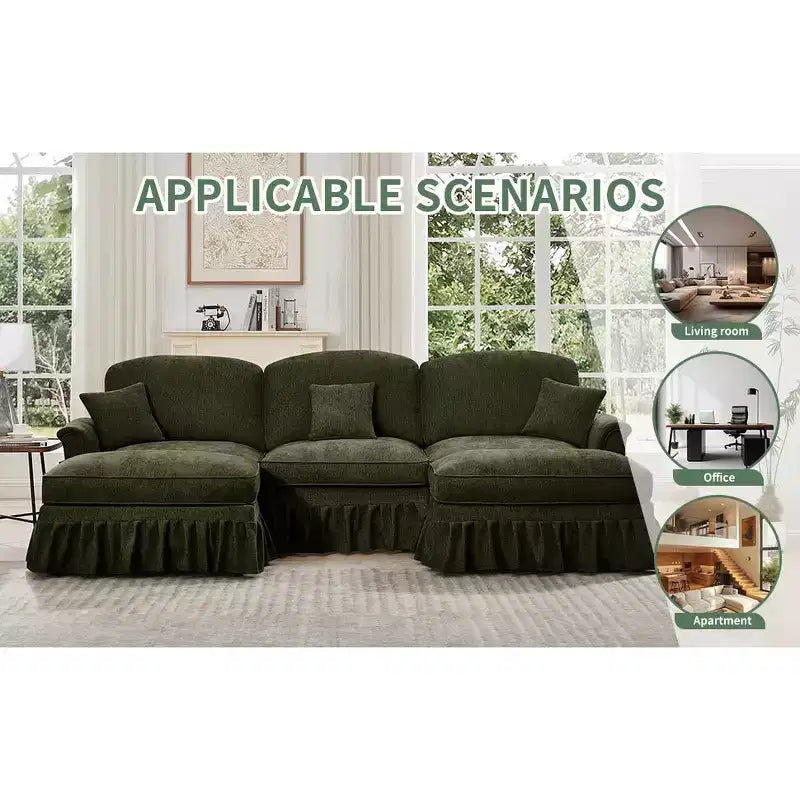 Sofá MooxvMoo de chenilla de 107 pulgadas, estilo moderno de mediados de siglo, con forma de U, con dobladillo con volantes desmontable, sofás seccionales con cojines decorativos y 2 otomanas, verde