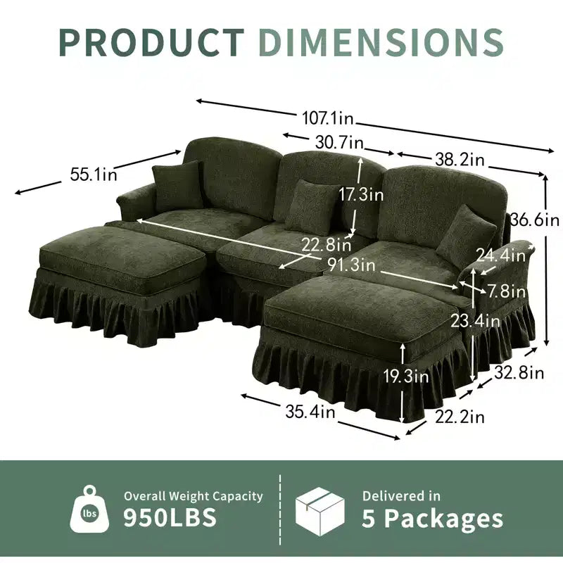 Sofá MooxvMoo de chenilla de 107 pulgadas, estilo moderno de mediados de siglo, con forma de U, con dobladillo con volantes desmontable, sofás seccionales con cojines decorativos y 2 otomanas, verde