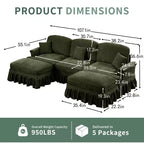 Sofá MooxvMoo de chenilla de 107 pulgadas, estilo moderno de mediados de siglo, con forma de U, con dobladillo con volantes desmontable, sofás seccionales con cojines decorativos y 2 otomanas, verde