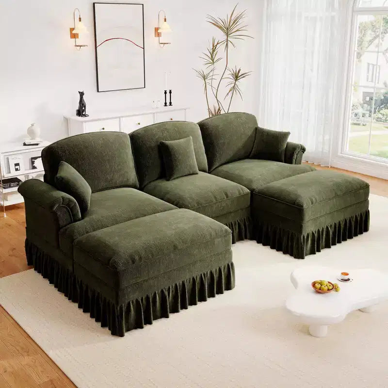 Sofá MooxvMoo de chenilla de 107 pulgadas, estilo moderno de mediados de siglo, con forma de U, con dobladillo con volantes desmontable, sofás seccionales con cojines decorativos y 2 otomanas, verde