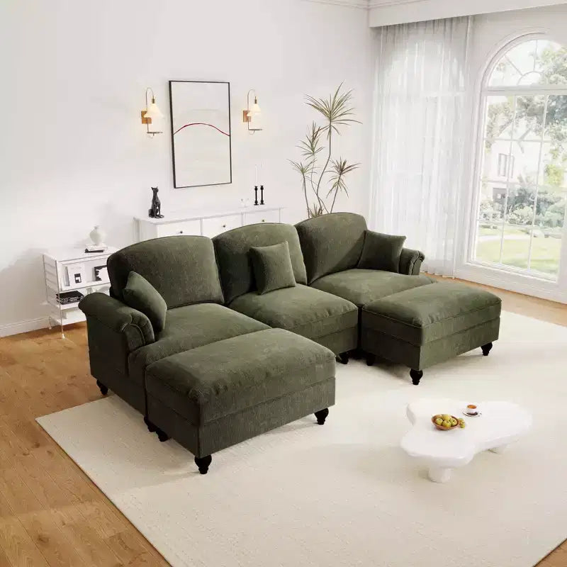 Sofá MooxvMoo de chenilla de 107 pulgadas, estilo moderno de mediados de siglo, con forma de U, con dobladillo con volantes desmontable, sofás seccionales con cojines decorativos y 2 otomanas, verde