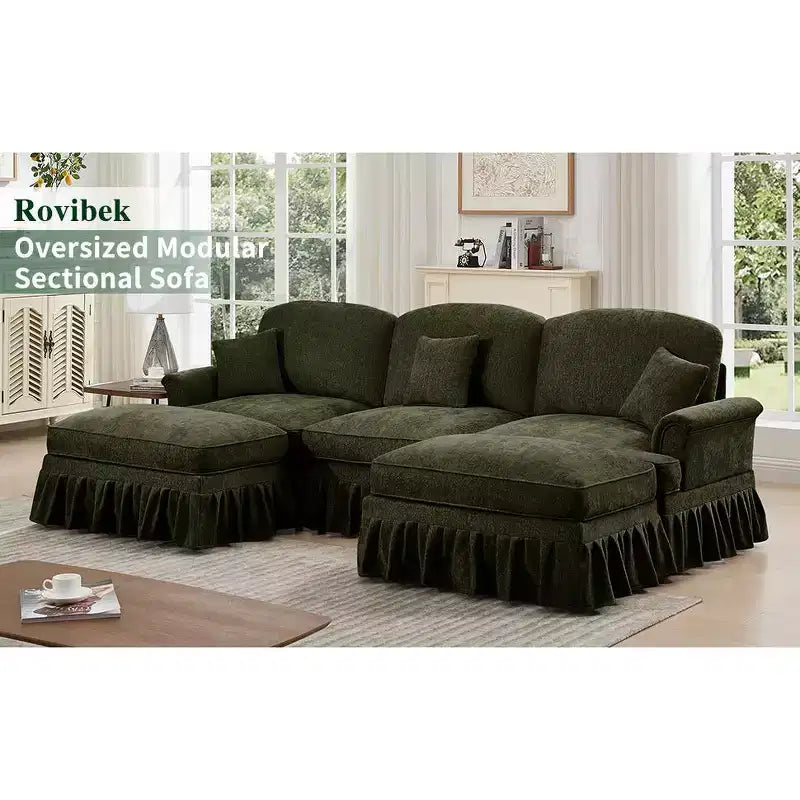 Sofá MooxvMoo de chenilla de 107 pulgadas, estilo moderno de mediados de siglo, con forma de U, con dobladillo con volantes desmontable, sofás seccionales con cojines decorativos y 2 otomanas, verde