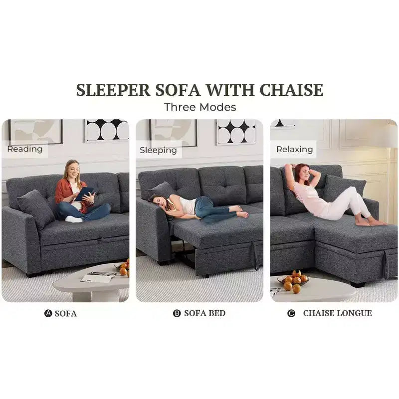 MooxvMoo 86 Seccional Moderno para Dormir con Chaise Reversible, Sofá Cama Convertible en Forma de L de 3 Plazas, Sofá Extraíble en Tela Tipo Lino, Gris