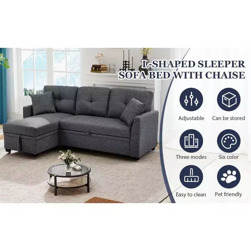 MooxvMoo 86 Seccional Moderno para Dormir con Chaise Reversible, Sofá Cama Convertible en Forma de L de 3 Plazas, Sofá Extraíble en Tela Tipo Lino, Gris