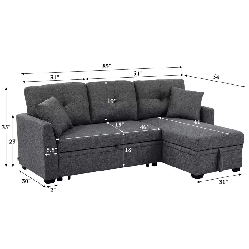 MooxvMoo 86 Seccional Moderno para Dormir con Chaise Reversible, Sofá Cama Convertible en Forma de L de 3 Plazas, Sofá Extraíble en Tela Tipo Lino, Gris