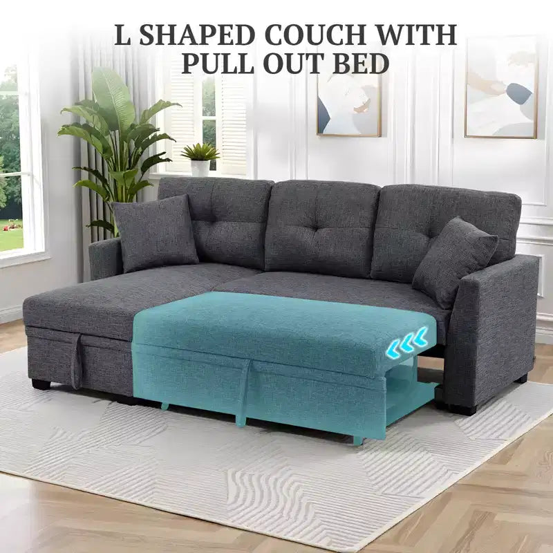 MooxvMoo 86 Seccional Moderno para Dormir con Chaise Reversible, Sofá Cama Convertible en Forma de L de 3 Plazas, Sofá Extraíble en Tela Tipo Lino, Gris