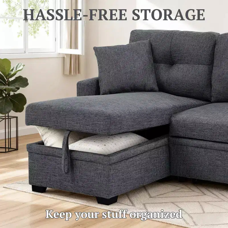 MooxvMoo 86 Seccional Moderno para Dormir con Chaise Reversible, Sofá Cama Convertible en Forma de L de 3 Plazas, Sofá Extraíble en Tela Tipo Lino, Gris