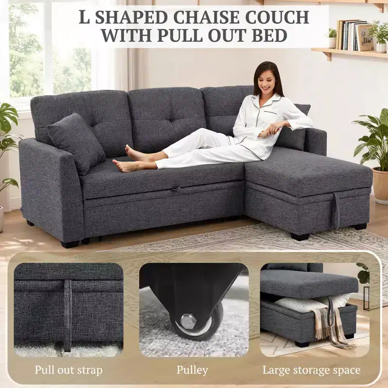 MooxvMoo 86 Seccional Moderno para Dormir con Chaise Reversible, Sofá Cama Convertible en Forma de L de 3 Plazas, Sofá Extraíble en Tela Tipo Lino, Gris