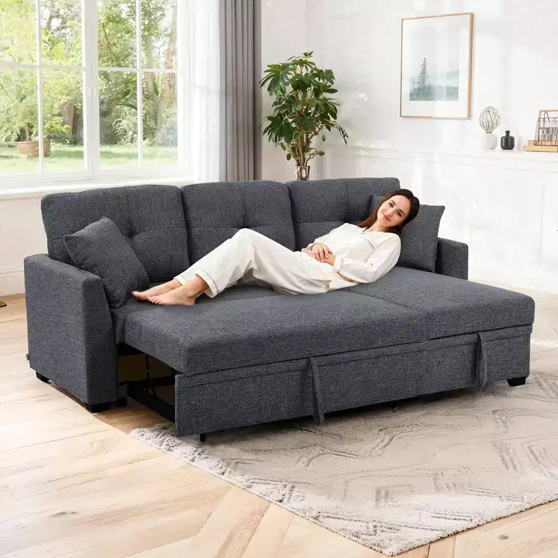 MooxvMoo 86 Seccional Moderno para Dormir con Chaise Reversible, Sofá Cama Convertible en Forma de L de 3 Plazas, Sofá Extraíble en Tela Tipo Lino, Gris