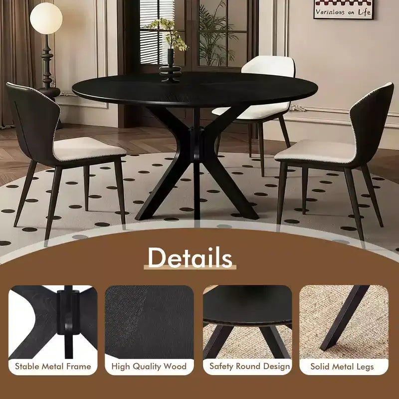 MAYEERTY Mesa de comedor redonda de madera maciza de 47", base de pedestal entrecruzada negra, para 4-6 comensales, para cocina y comedor