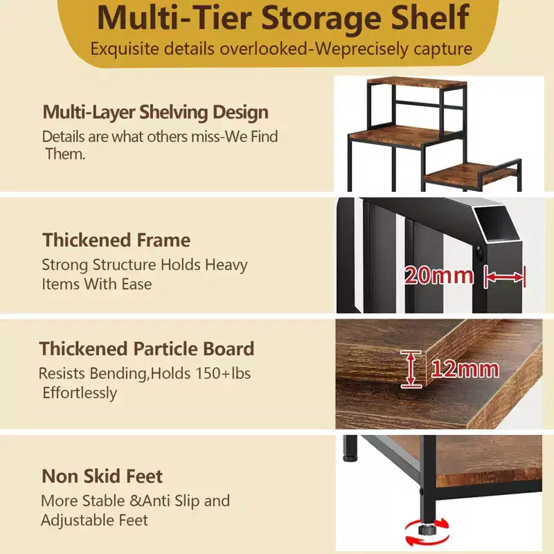 Soporte para mininevera con estante de almacenamiento, soporte para microondas de 5 niveles y organizador de barra de café con estantes ajustables para dormitorio, apartamento, oficina