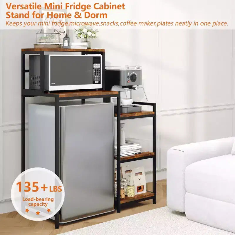 Soporte para mininevera con estante de almacenamiento, soporte para microondas de 5 niveles y organizador de barra de café con estantes ajustables para dormitorio, apartamento, oficina