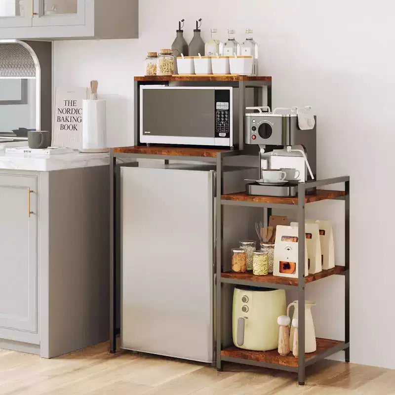 Soporte para mininevera con estante de almacenamiento, soporte para microondas de 5 niveles y organizador de barra de café con estantes ajustables para dormitorio, apartamento, oficina