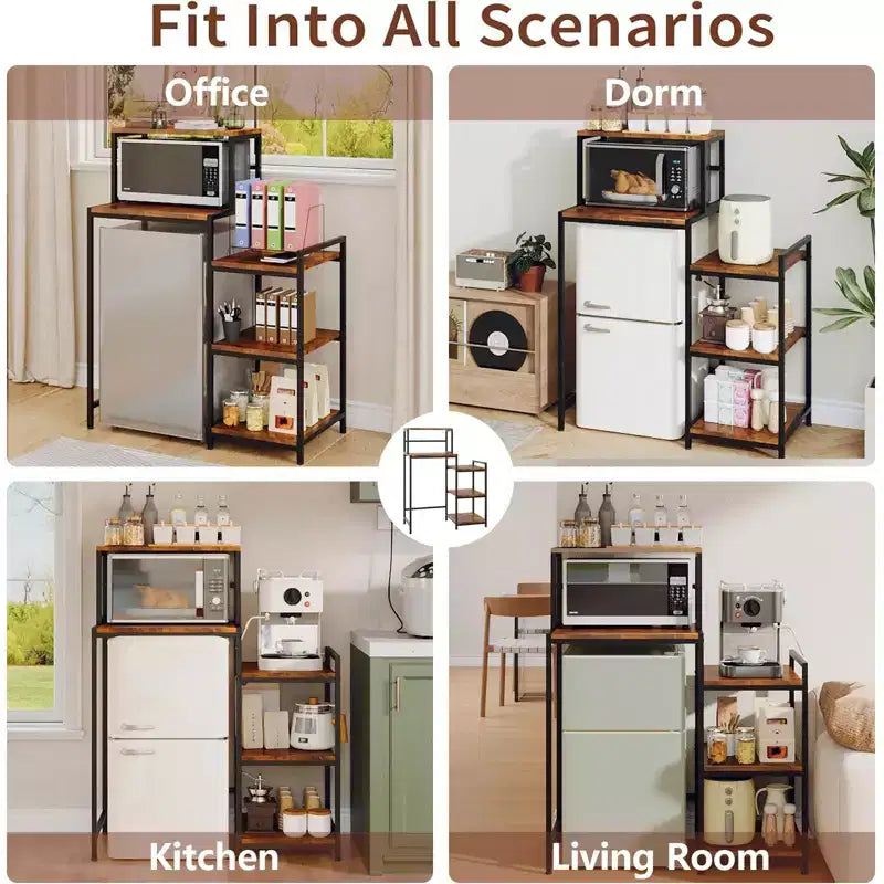 Soporte para mininevera con estante de almacenamiento, soporte para microondas de 5 niveles y organizador de barra de café con estantes ajustables para dormitorio, apartamento, oficina