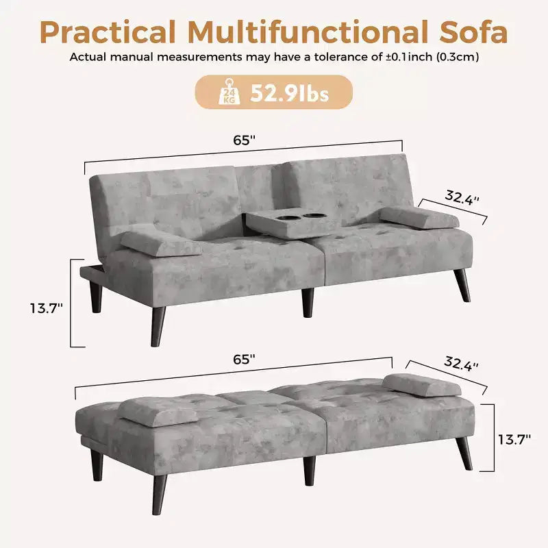 Sofá cama futón convertible Celebalcony, sofá reclinable pequeño, sofá cama de 64 pulgadas ajustable para sala de estar, reposabrazos extraíble