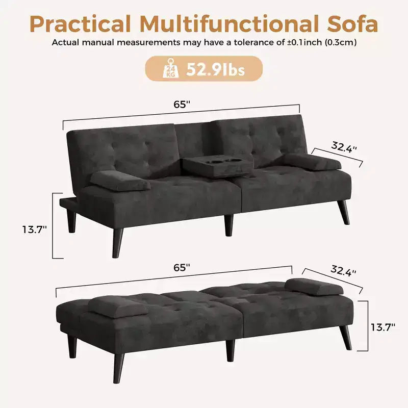 Sofá cama futón convertible Celebalcony, sofá reclinable pequeño, sofá cama de 64 pulgadas ajustable para sala de estar, reposabrazos extraíble