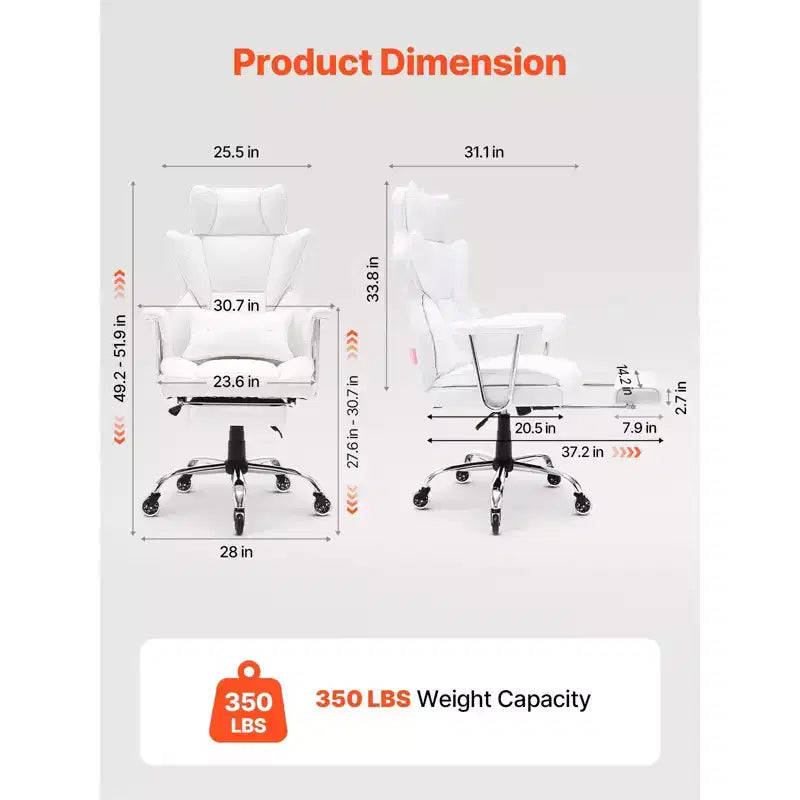 Silla de oficina reclinable VEVOR con reposapiés, silla de oficina ancha de cuero PU de alta resistencia, sillas ejecutivas grandes y altas con soporte lumbar, blanca