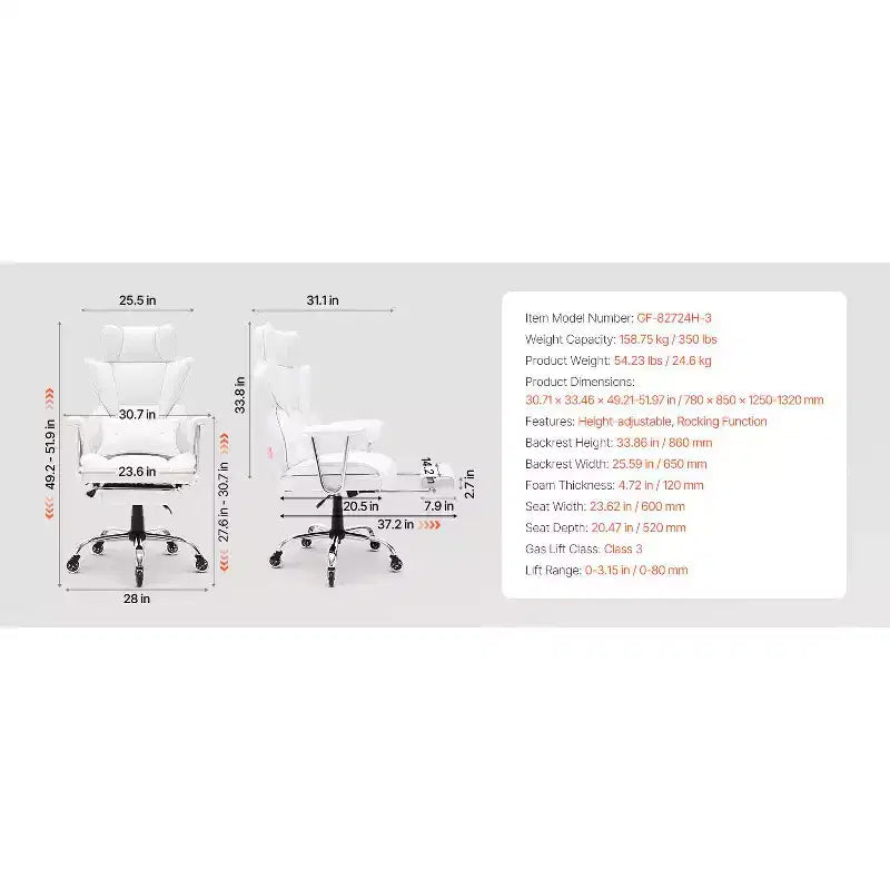 Silla de oficina reclinable VEVOR con reposapiés, silla de oficina ancha de cuero PU de alta resistencia, sillas ejecutivas grandes y altas con soporte lumbar, blanca