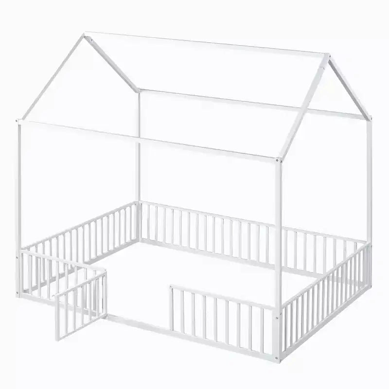 Cama infantil Luxystar Metal House con valla y puerta para habitación de niños, blanca