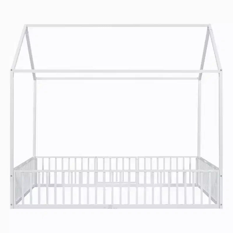 Cama infantil Luxystar Metal House con valla y puerta para habitación de niños, blanca