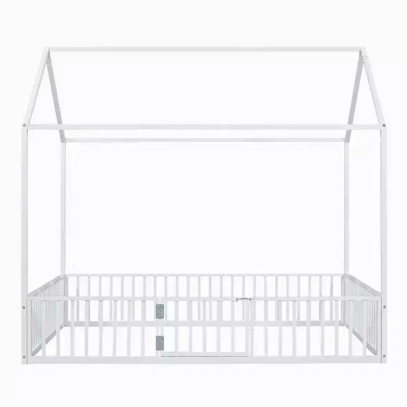 Cama infantil Luxystar Metal House con valla y puerta para habitación de niños, blanca