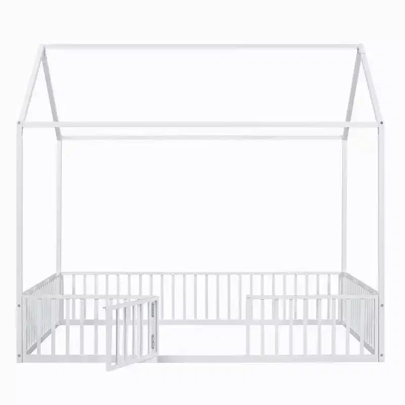 Cama infantil Luxystar Metal House con valla y puerta para habitación de niños, blanca
