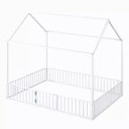 Cama infantil Luxystar Metal House con valla y puerta para habitación de niños, blanca