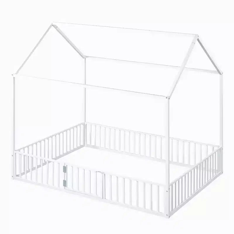 Cama infantil Luxystar Metal House con valla y puerta para habitación de niños, blanca