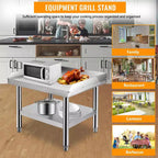 Mesa para parrilla de 24x28, mesa de preparación de acero inoxidable de alta resistencia de 1000 lb con estante inferior de 220 lb, ideal para cocinas comerciales, hoteles y hogares