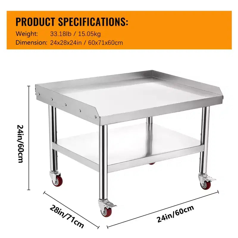 Mesa para parrilla de 24x28, mesa de preparación de acero inoxidable de alta resistencia de 1000 lb con estante inferior de 220 lb, ideal para cocinas comerciales, hoteles y hogares