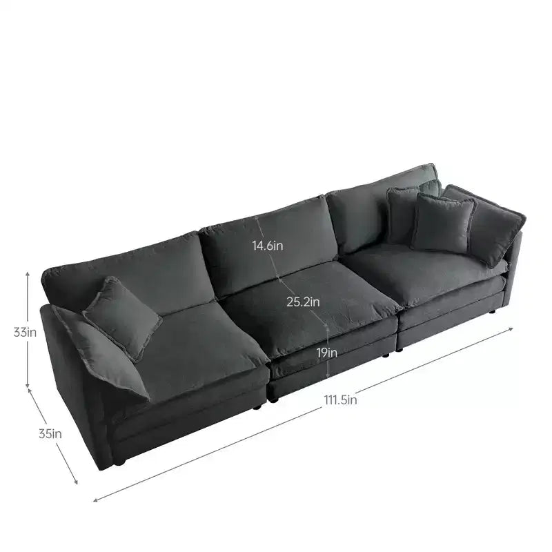 MAYEERTY Sofá moderno de mediados de siglo de 3 plazas con 2 cojines de reposabrazos y 2 cojines decorativos para sala de estar, gris