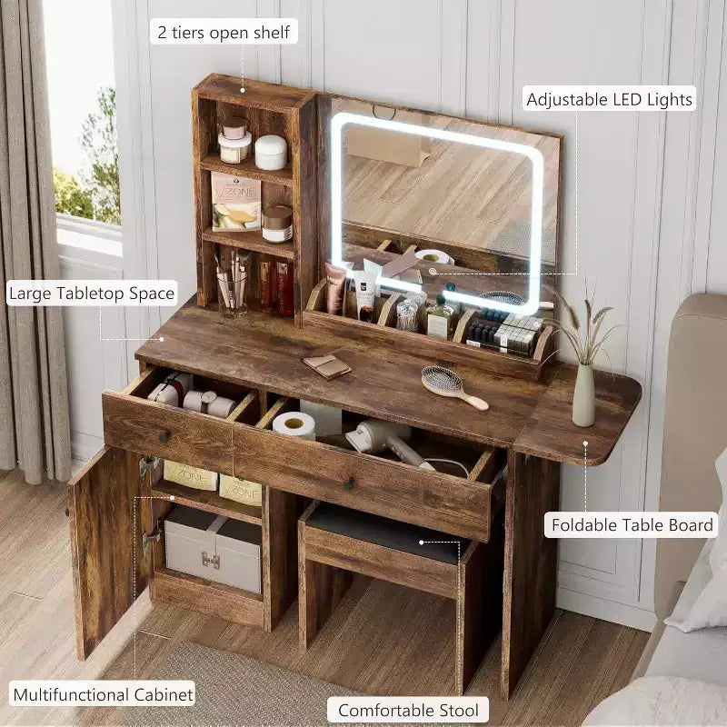Tocador de Maquillaje con Espejo y Luces, Set de Tocador con Cajón y Enchufe, Silla de Almacenamiento y 3 Estantes, Dormitorio