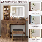 Tocador de Maquillaje con Espejo y Luces, Set de Tocador con Cajón y Enchufe, Silla de Almacenamiento y 3 Estantes, Dormitorio