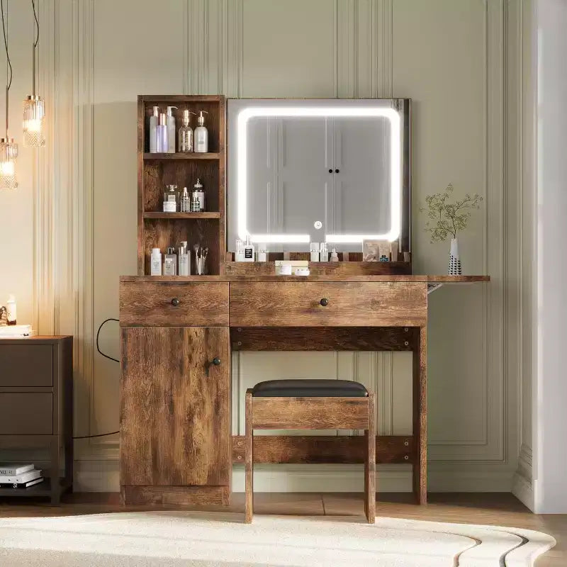 Tocador de Maquillaje con Espejo y Luces, Set de Tocador con Cajón y Enchufe, Silla de Almacenamiento y 3 Estantes, Dormitorio