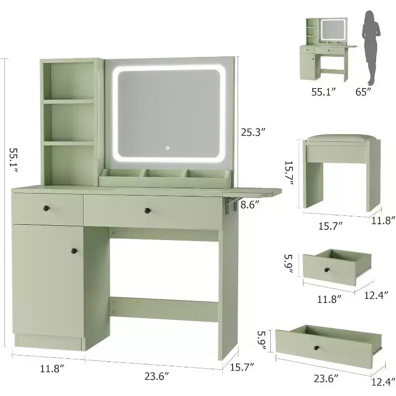Tocador de Maquillaje con Espejo y Luces, Set de Tocador con Cajón y Enchufe, Silla de Almacenamiento y 3 Estantes, Dormitorio