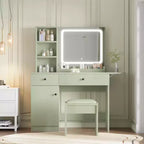 Tocador de Maquillaje con Espejo y Luces, Set de Tocador con Cajón y Enchufe, Silla de Almacenamiento y 3 Estantes, Dormitorio