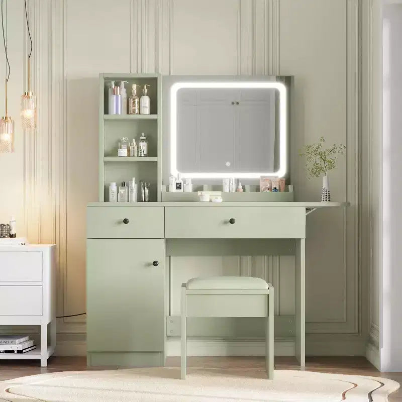 Tocador de Maquillaje con Espejo y Luces, Set de Tocador con Cajón y Enchufe, Silla de Almacenamiento y 3 Estantes, Dormitorio