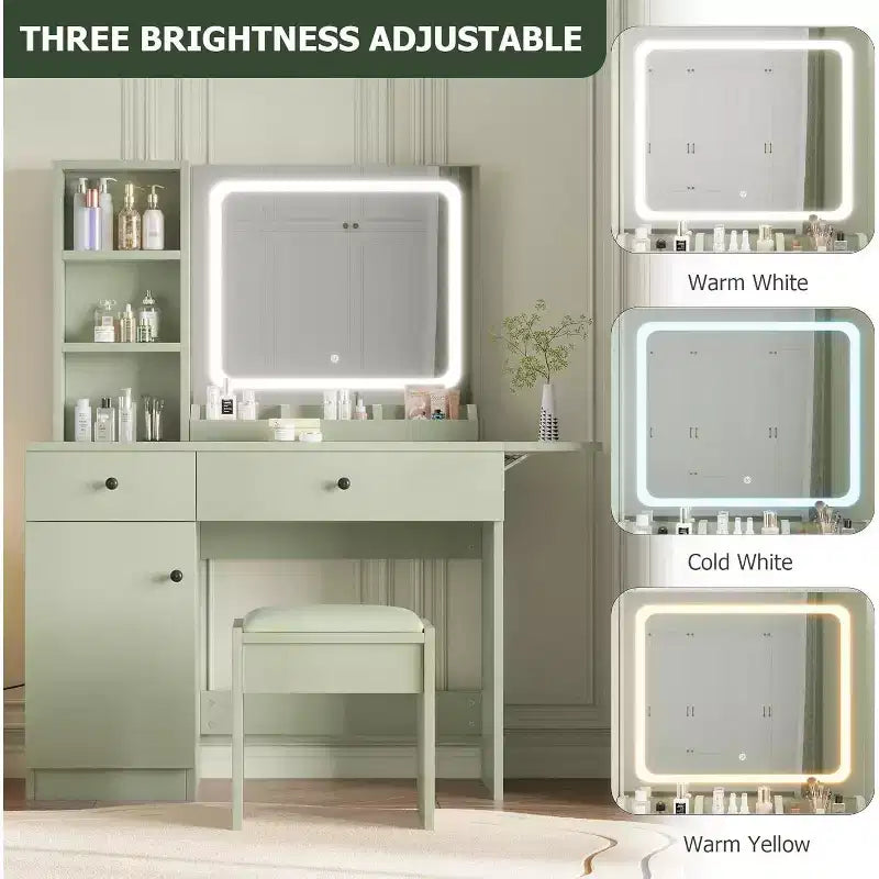 Tocador de Maquillaje con Espejo y Luces, Set de Tocador con Cajón y Enchufe, Silla de Almacenamiento y 3 Estantes, Dormitorio