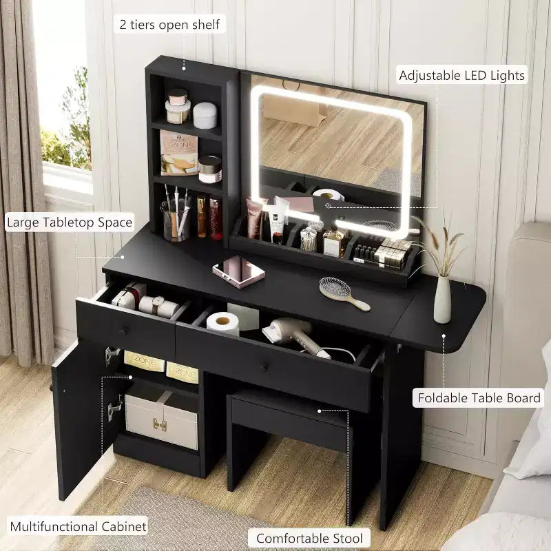 Tocador de Maquillaje con Espejo y Luces, Set de Tocador con Cajón y Enchufe, Silla de Almacenamiento y 3 Estantes, Dormitorio