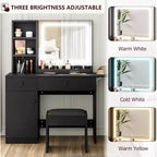 Tocador de Maquillaje con Espejo y Luces, Set de Tocador con Cajón y Enchufe, Silla de Almacenamiento y 3 Estantes, Dormitorio